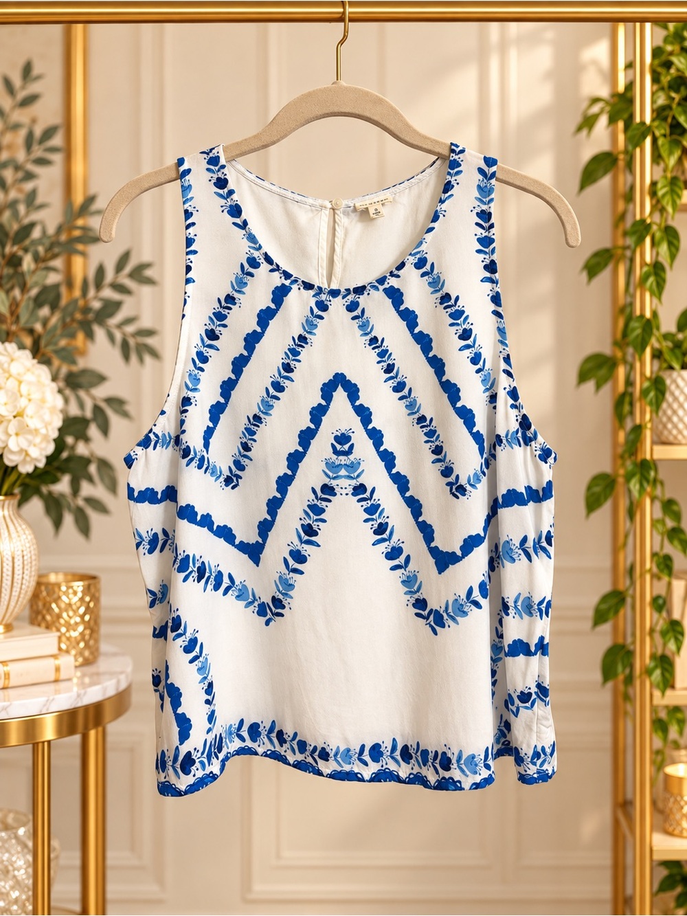 En Creme Blue White Floral Boho Rayon Sleeveless Tank Top Small ET51998ML